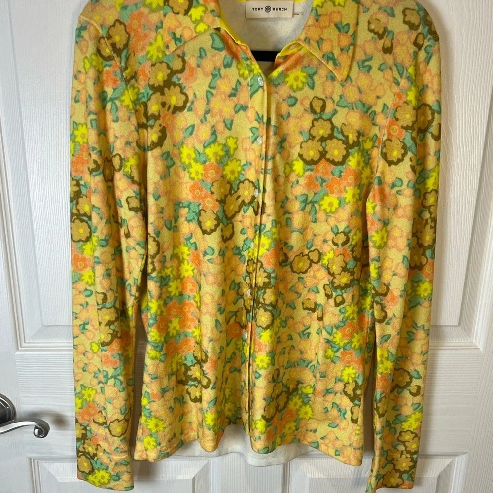 Tory Burch yellow floral long sleeve button down chenille shirt XL